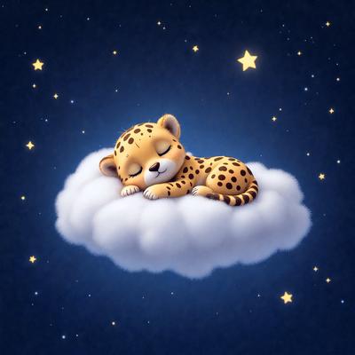 The image features a cute cartoon leopard sleeping on a cloud. The leopard is positioned in the center of the scene, and the cloud is spread across the background. The visual style of the image is a combination of digital art and illustration, creating a whimsical and playful atmosphere. The dominant colors in the image are shades of blue and white, which contribute to the overall mood of the scene.
